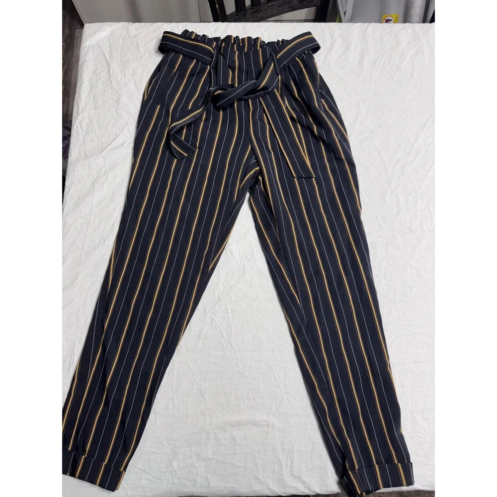 Charlotte Russe Striped Paperbag Waist Pants Black Gold White Small Tapered Leg